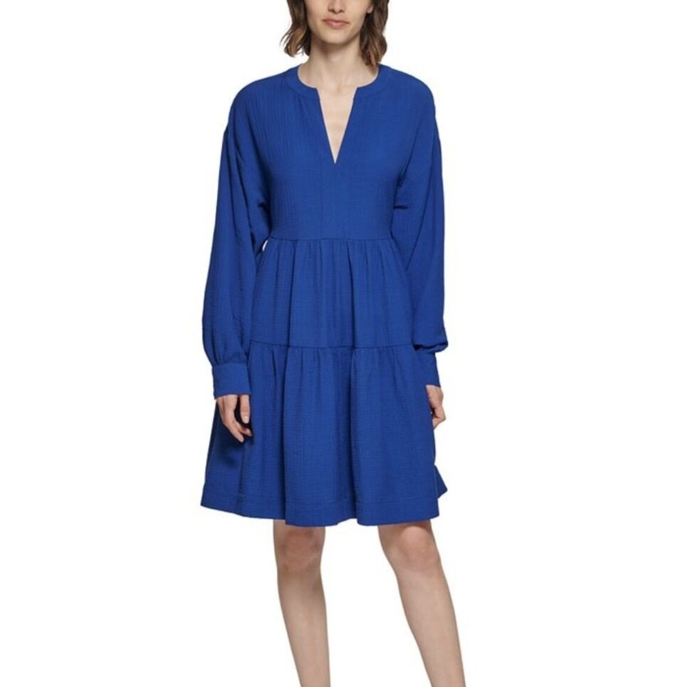 Calvin Klein Women’s Blue Tiered Peasant Boho Long Sleeve Dress